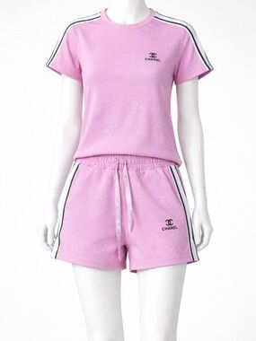 Pink Lounge Set – T-Shirt & Shorts (Chanel Style)